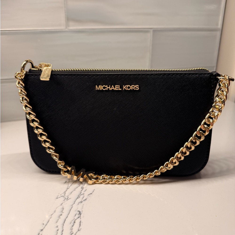 Michael Kors Black Clutch with Gold Chain